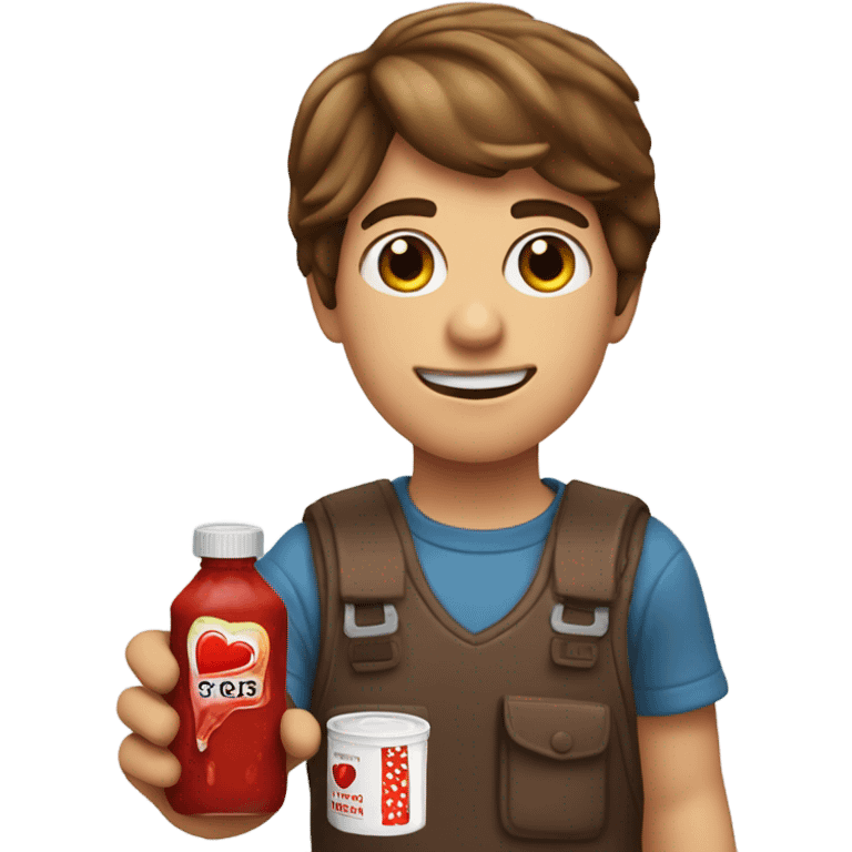 Brown haired boy holding a ketchup packet with red heart eyes  emoji