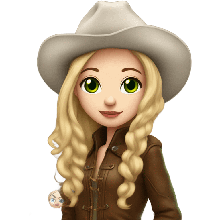 Realistic White girl with Long straight blonde hair, green eyes, tattoos, full body wearing Brown fur coat and fur hat and Brown leather boots, doing cute pose emoji