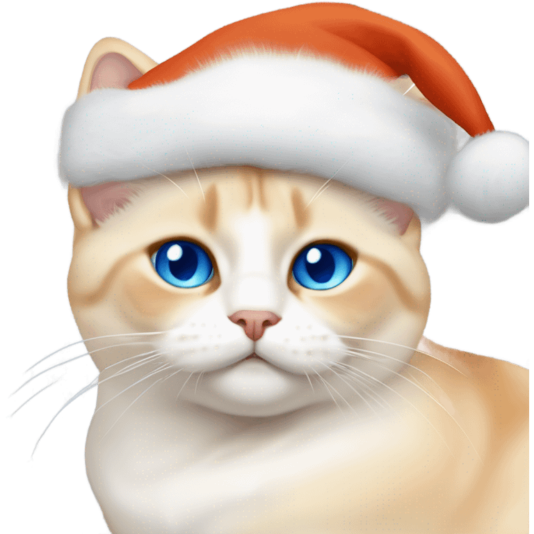 chubby fat, flame point Siamese, short fur, with white fur with orange accents, and blue eyes, smiling, wearing a red santa hat  emoji