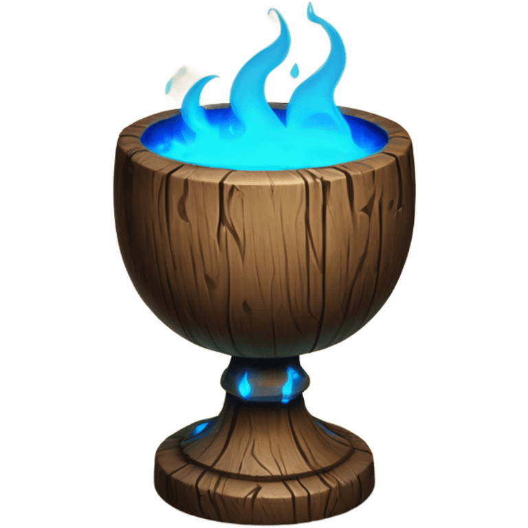 A magical goblet, large and imposing, made of aged wood with a smooth surface. It emits a bright blue glow, with magical flames dancing inside, symbolizing its power and mystery. emoji