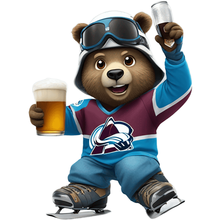 snowboarding bear with helmet and goggles in colorado avalanche jersey doing insane tricks while holding a beer emoji