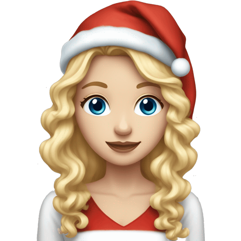 White girl with blue eyes and long curly blonde hair wearing a Christmas hat emoji