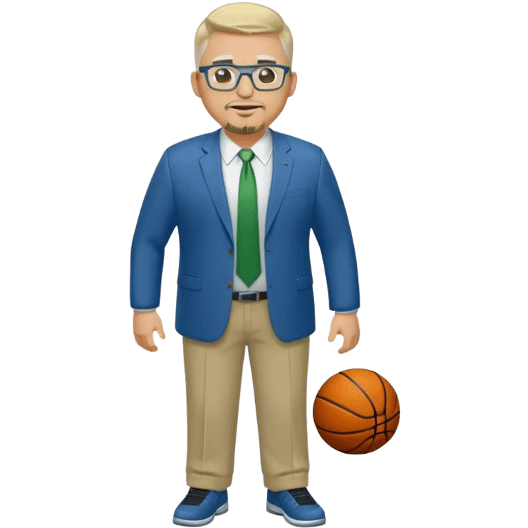 Full Body white male plus size wearing glasses with a goatee with light blonde and gray very short hair happy basketball head Coach in blue and green suit emoji