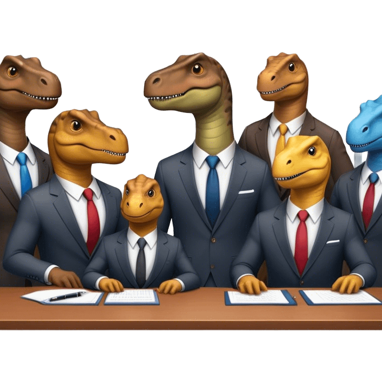 different office dinosaurs in suits sitting along the conference table emoji