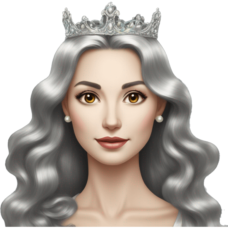 Regal pretty slender middle age woman photograph defined cheekbones high cheekbones crown vintage with very long iridescent black and silver hair wavy long hair pearl crown iridescent emoji