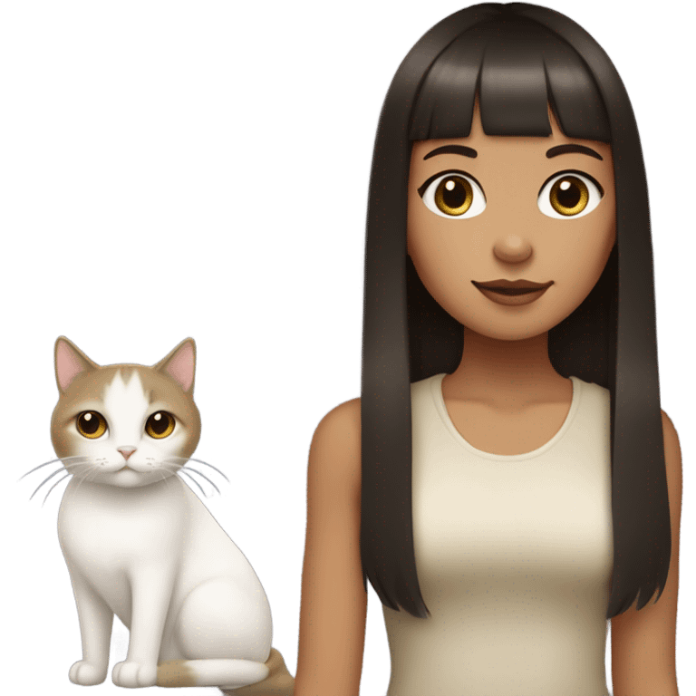 Dark brown haired girl with olive skin with straight across bangs and long hair holding a white cat  emoji