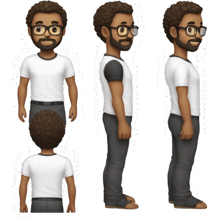 Jeune professeur cheveux noirs, peau blanche, yeux marrons foncés, à lunettes et barbu, avec une chemise noire et un t-shirt blanc emoji