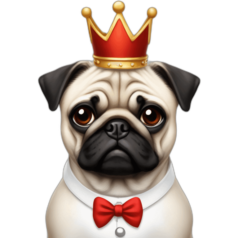 A dog (pug) with a crown in a white suit and a red bow an black baces emoji