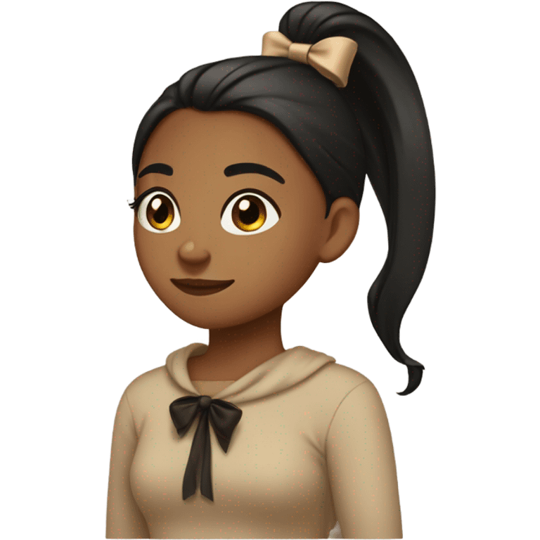 Brown skin girl, one long ponytail with a tan bow in hair, tan sweater, black hair, pretty girl emoji