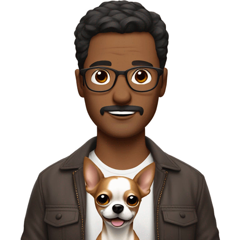 dark hair dark eye man with short mustache wearing glasses holding chihuahua emoji