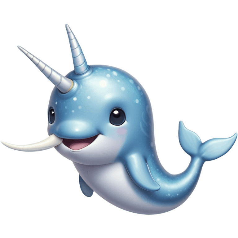 Cinematic Cute Narwhal Portrait Emoji, Head tilted playfully and inquisitively, showcasing a sleek, streamlined body with subtly iridescent, mottled gray skin and a prominently spiraled ivory tusk, complemented by round, sparkling eyes full of gentle wonder, Simplified yet irresistibly adorable features, highly detailed, glowing with a warm, friendly arctic glow, high shine, affectionate and lively, stylized with a touch of whimsical marine charm, soft glowing outline, capturing the essence of a mischievous yet loving narwhal that seems as if it could frolic out of the screen into your heart! emoji