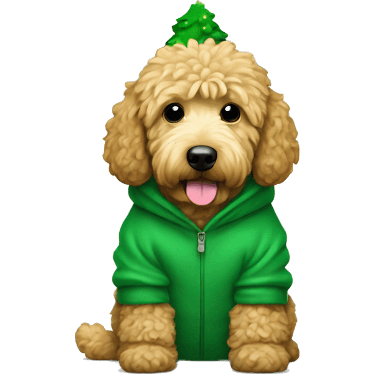 golden doodle wearing a christmas tree hoodie emoji