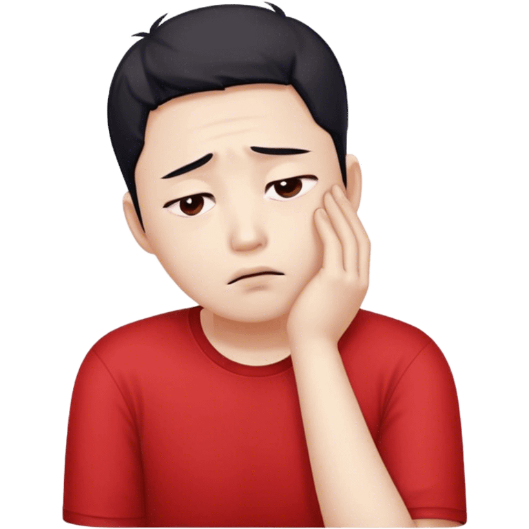 A worried white skin Korean man in a red shirt, resting his head on one hand emoji