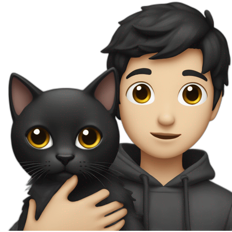 black haired and white skin boy who wears hoodie holds a black cat emoji