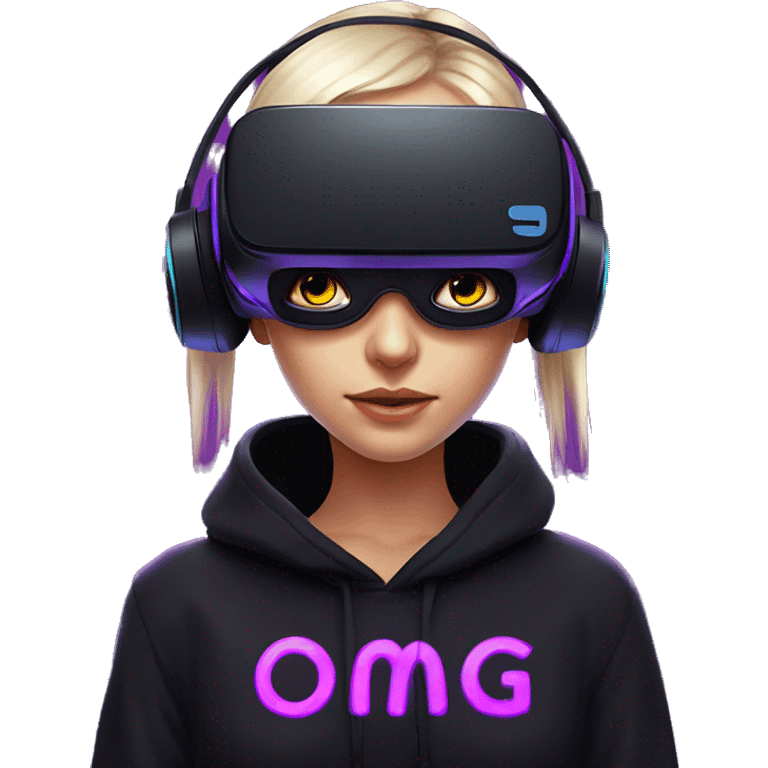 Russian girl wearing black hoody with violet letters "OMG", in vr headset. Cyberpunk style. Violet neon. emoji