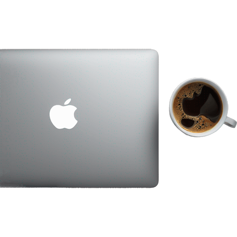 Ein MacBook und obendrauf ein Kaffee mit einem Notizbuch von oben fotografiert emoji