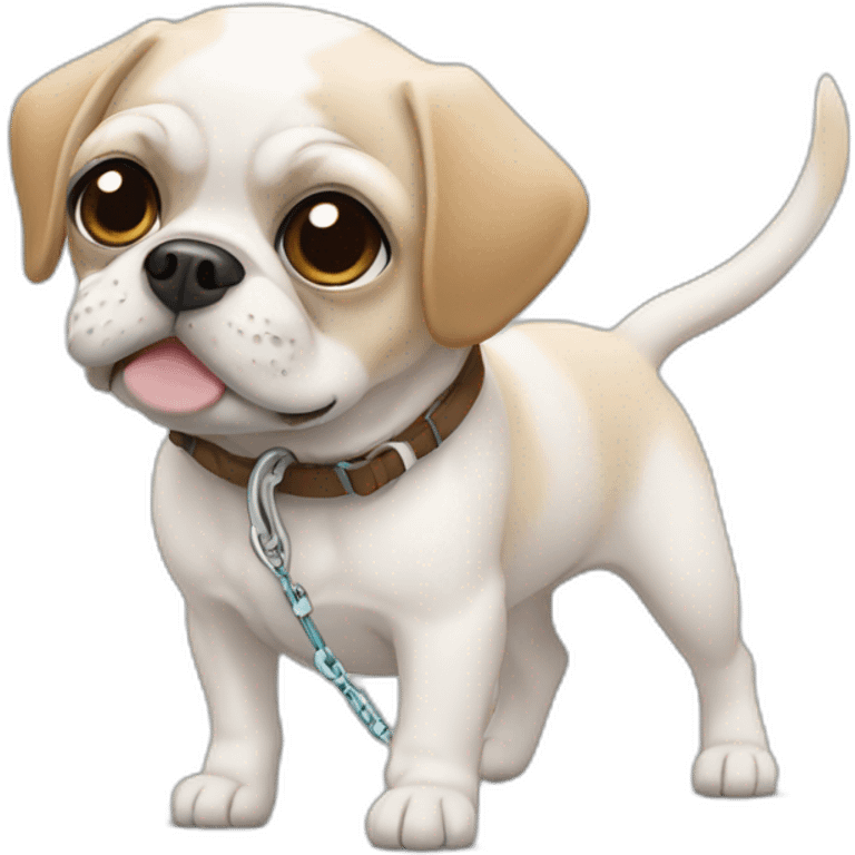 White Puggle with brown ears pulling on leash emoji