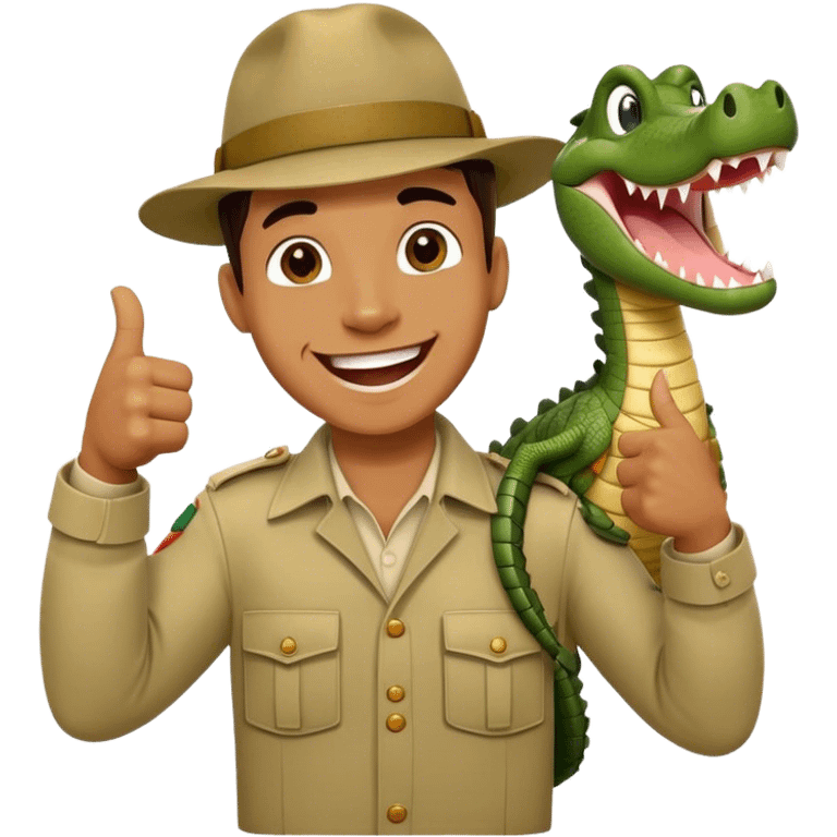 Cinematic Realistic Steve Irwin Portrait Emoji, in his signature khaki attire, holding a crocodile or giving an excited thumbs-up. The scene is lit with vibrant, natural sunlight, emphasizing his adventurous spirit and deep connection to nature. emoji