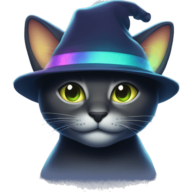 Dark iridescent cat glowing wearing a hat emoji