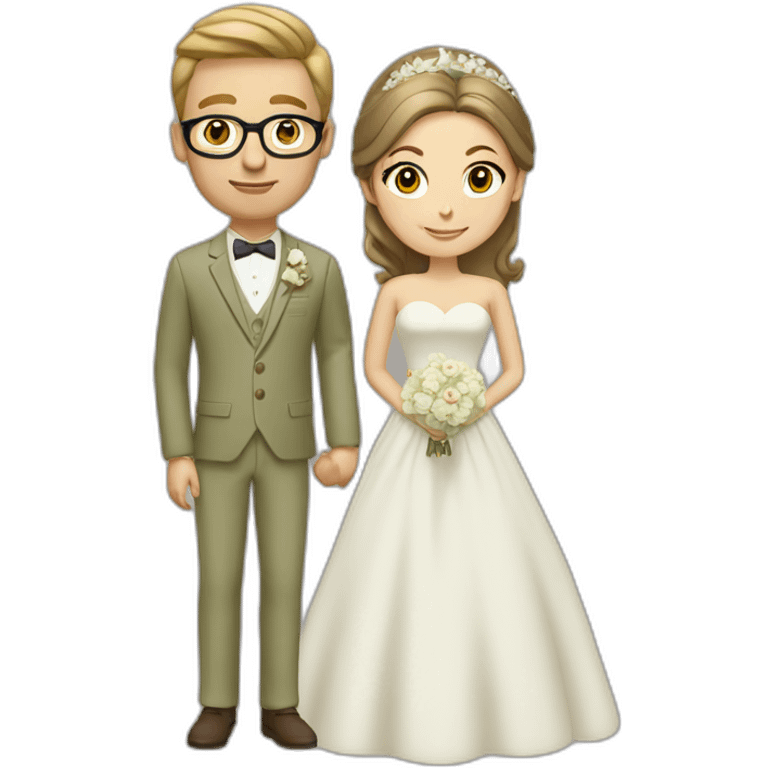 Wedding couple. She has brown Hair and a chignon. He has a light olive green suit with a brown vest. He wears glasses and is blond. emoji