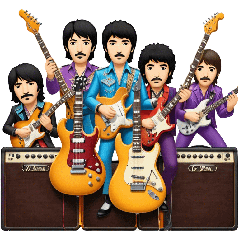 Rock music icon: collage of legendary rock stars—The Beatles, Jimi Hendrix, Elvis Presley, Queen, Nirvana, Led Zeppelin. Electric guitars, amplifiers, and microphones surrounded by vibrant stage lights and musical notes. Transparent background. emoji