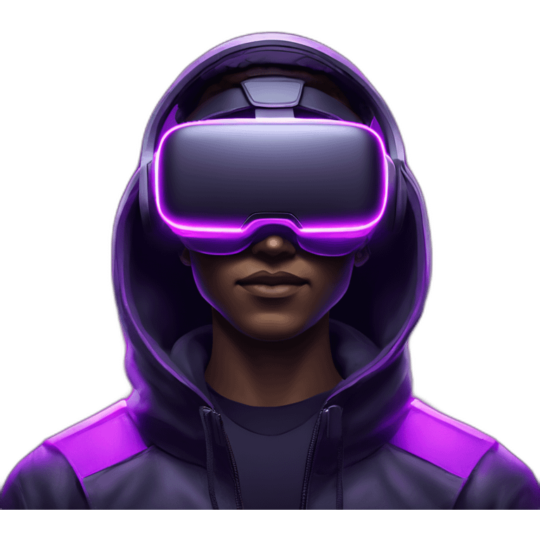 Cyberpunk style. Violet neon. White skin man in the black hoody with violet OMG VR logo on it. Man in vr headset oculus quest 2 emoji