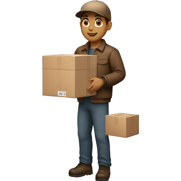 Delivery boy, full body, light skin tone, wearing brown cap and brown jacket, UPS delivery company uniform loading a package without background emoji