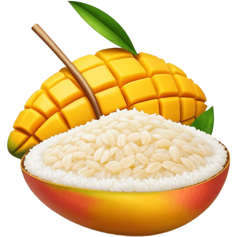 Cinematic Realistic Mango Sticky Rice Dessert Emoji, showcasing sweet sticky rice paired with ripe mango slices and coconut milk rendered with lifelike detail and warm, inviting lighting. emoji