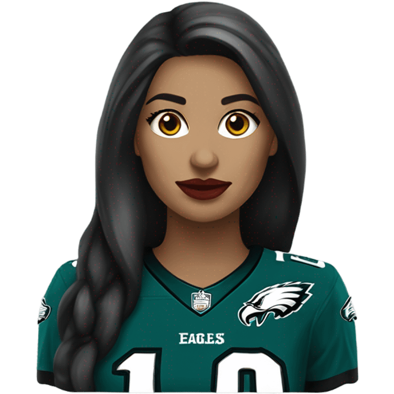 White female long dark hair red lips wearing Philadelphia Eagles jersey emoji