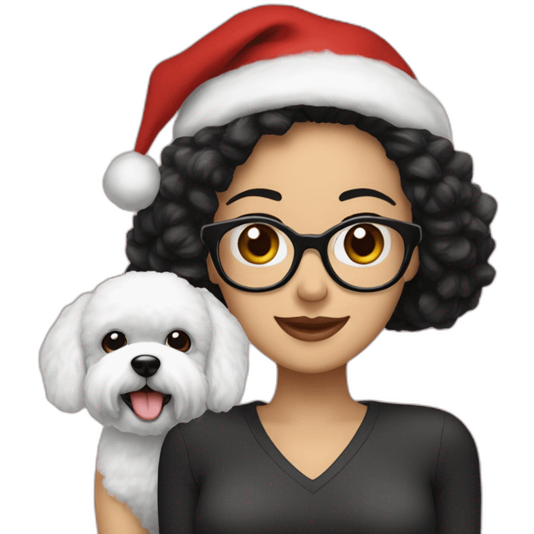 woman-black hair-christmas hat-with glasses-with bichon dog-white-smile emoji