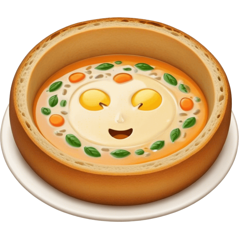 Żurek Cinematic Realistic Żurek Soup Dish Emoji, depicted as a tangy rye soup served inside a hollowed-out round loaf of bread, rendered with rich textures and dynamic, comforting lighting. emoji