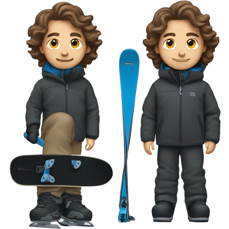 1 white Boy with wavy brown hair skiing with blue skis. He is wearing all black snow pants and a gray jacket   emoji