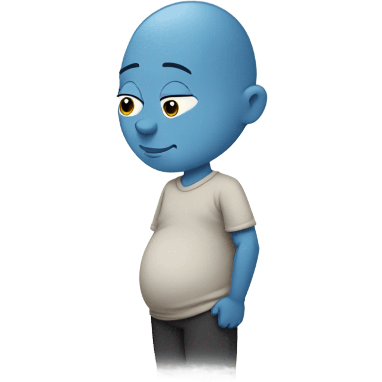 a blue skinned man with a stoic expression , pregnant, rubbing his belly. Bald. Side profile like the pregnant male emojji, cartoonishly simple face. emoji