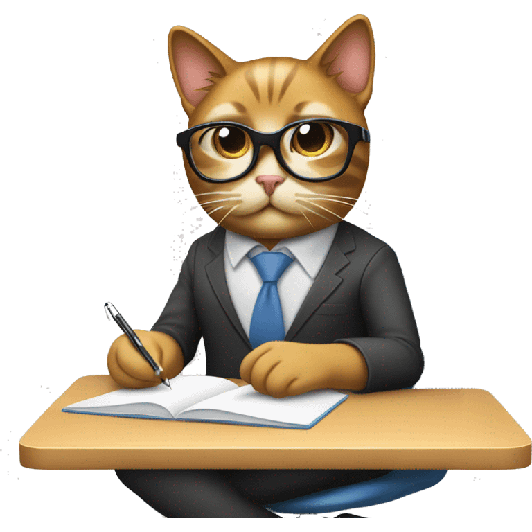 Design an emoji featuring a cute cat with stylish computer glasses, diligently taking notes on a notepad in front of a modern computer, all while comfortably seated on a sleek office chair. emoji