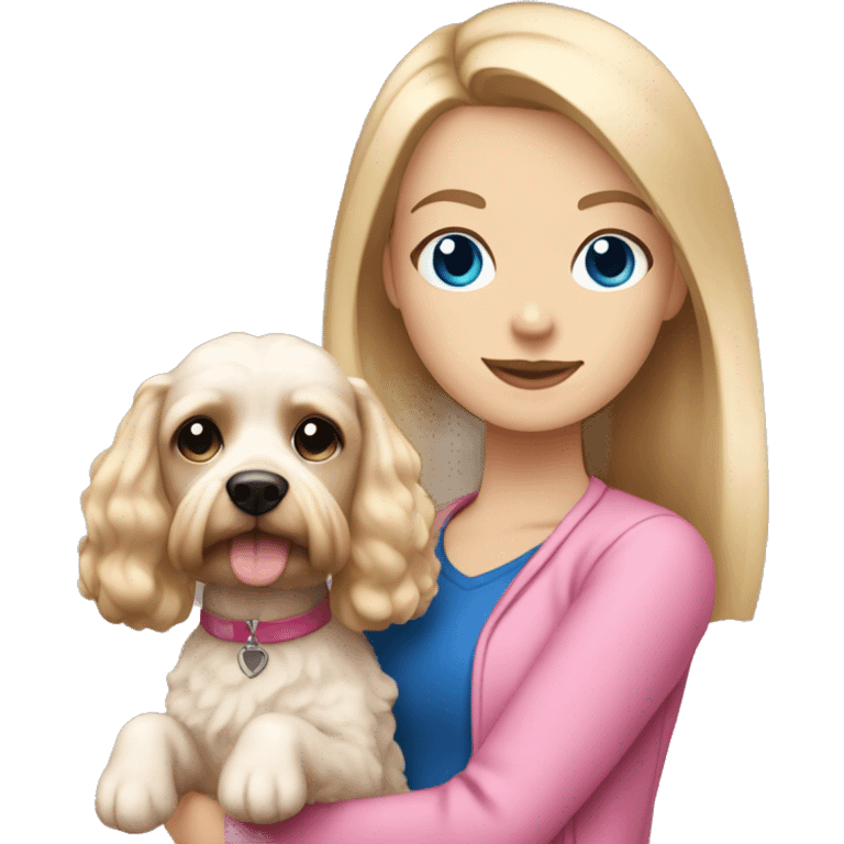 straight blonde hair and dark blue eyed girl wearing pink holding a white and brown cockapoo dog emoji