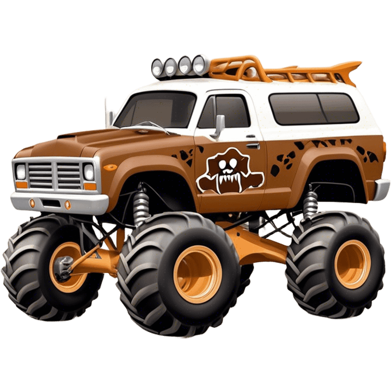 Monster Mutt - Monster Jam (Model Year: 2021) (Iconic colour: Brown with dog features) - A unique monster truck with playful, dog-inspired design cues. The vehicle is painted in warm brown tones and features subtle dog motifs (such as a stylized snout or ear shapes). It should blend the rugged power of a monster truck with quirky, endearing canine features. emoji