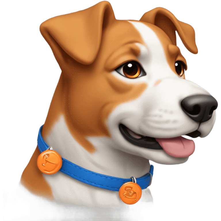 happy cute american stafford with simple blue collar with orange pendant from half side perspective emoji