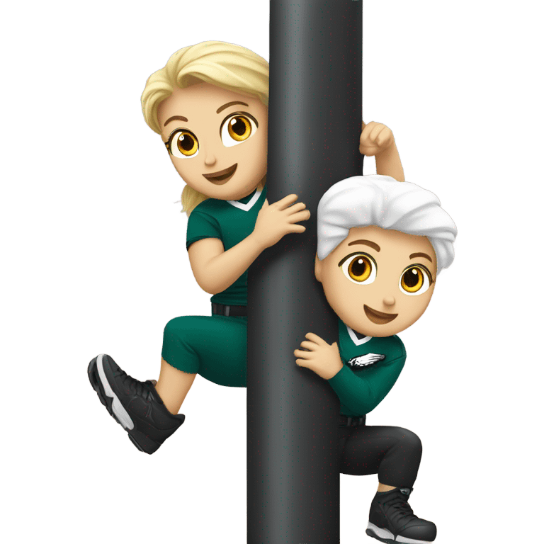 Brunette female and blonde white male who are both eagles fan climbing up a pole emoji