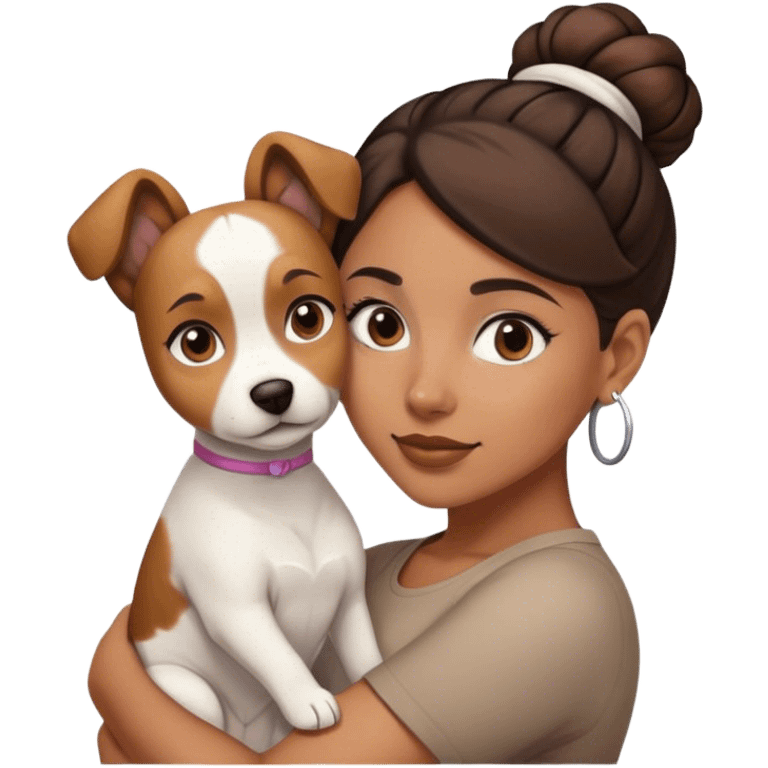 sort, 30 year old, brown girl, back Bun hairstyle, with a white brown dog emoji