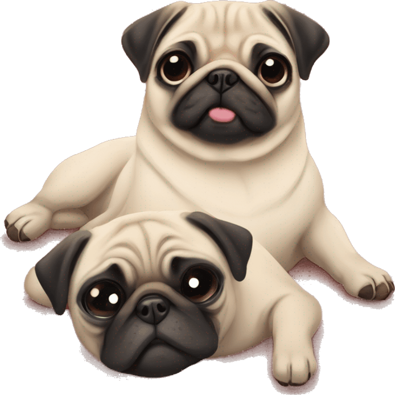 a mother pug and a cute baby pug sleeping on a rug together emoji