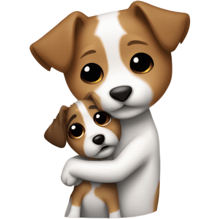 whit brown haired girl with hair in plaid hugging jack russell terrier emoji