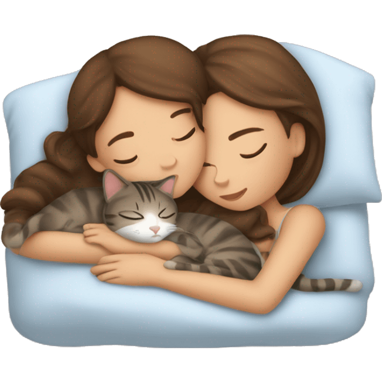 brown haired girl sleeping with tabby brown cat in bed emoji