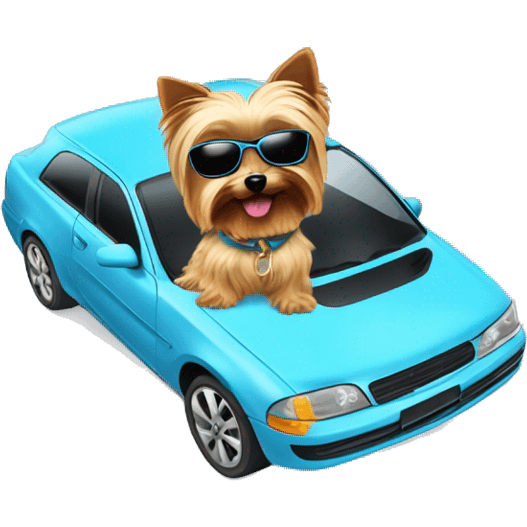 A sky blue car with a yorkie inside vibing with sunglasses emoji