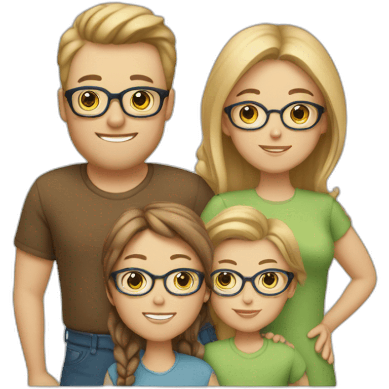 White family of 4, 1 mom with brown hair, 1 big boy with Brown hair, 2 girls with glasses and long blond hair emoji