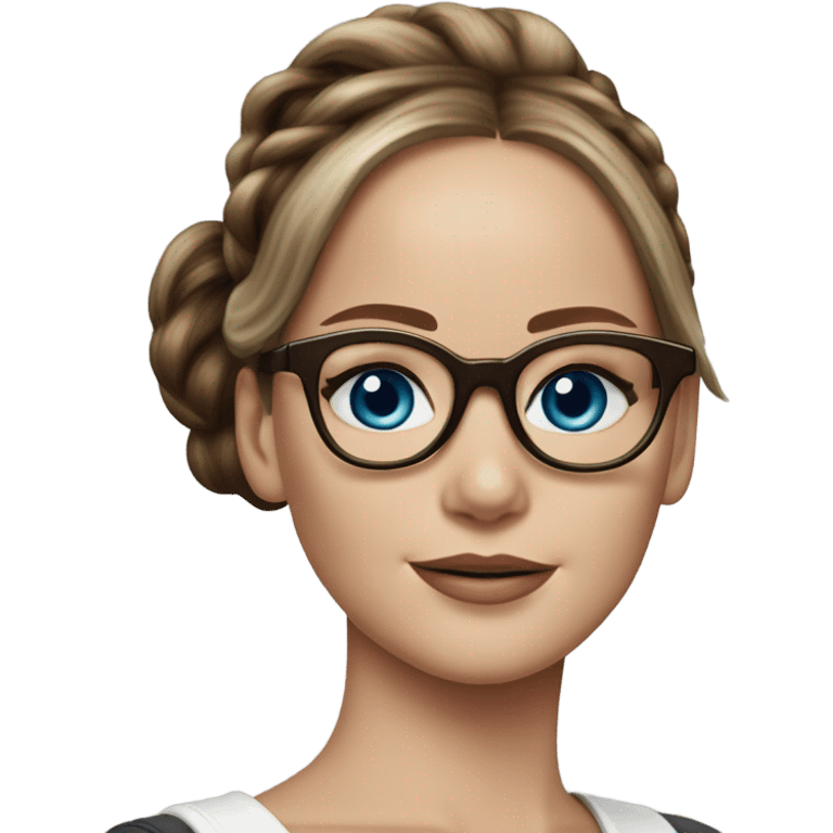 Hyper real Jennifer Lawrence with blue eyes glasses and chocolate hair in ponytail  emoji