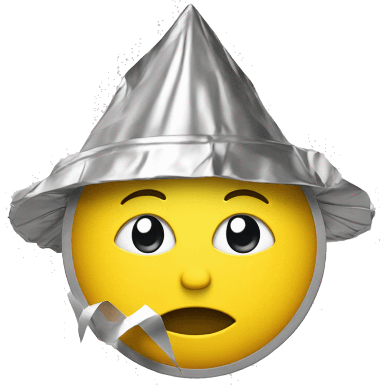 Thoughtful yellow emoji with crunched pointy tin foil hat emoji