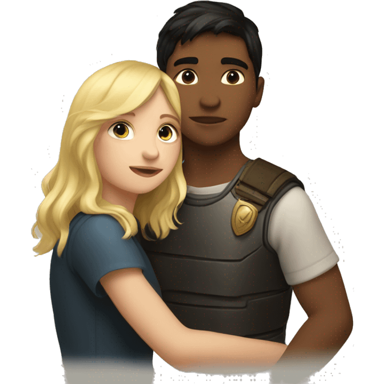 A girl with dark hair kisses a boy with blond hair, the boy has a small shield emoji