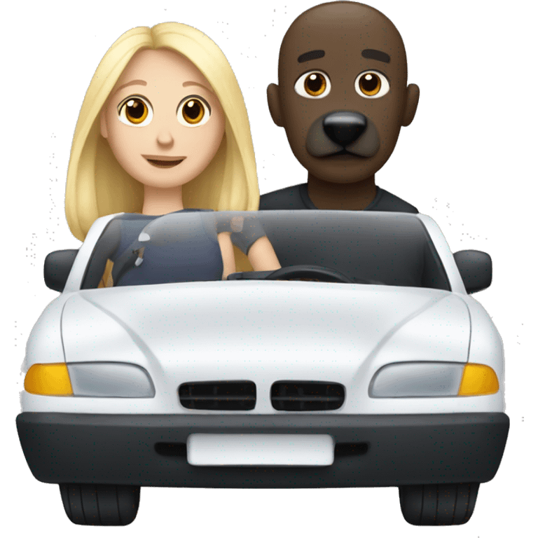 White couple and black dog in a car emoji