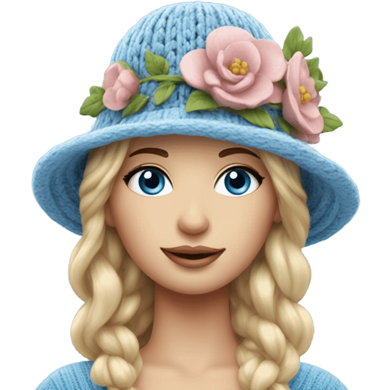 beautiful finnish fair hair woman with blue eyes knitting floral hat emoji