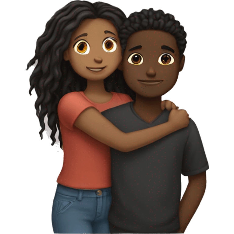 Brown girl with wavy hair hugging black boy who has dreads  emoji